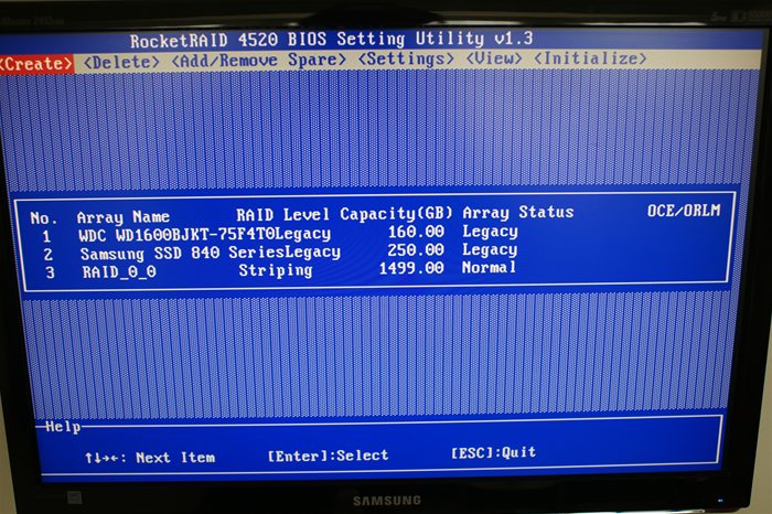 RocketRAID 4520 RAID Boot Manager List of Logical Drives