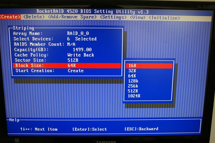 RocketRAID 4520 RAID Boot Manager Selecting Stripe Size